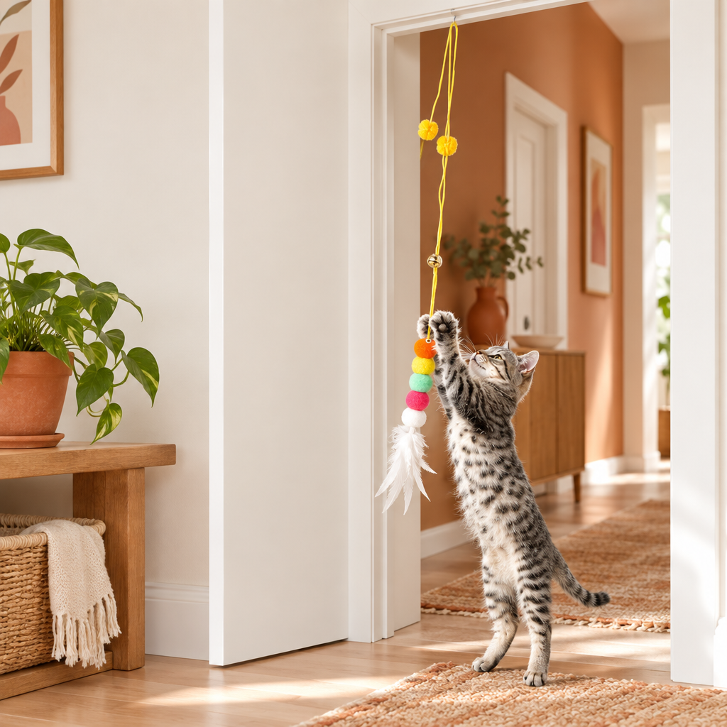 Tabby cat reaching up for a hanging pom-pom and feather toy on a door frame