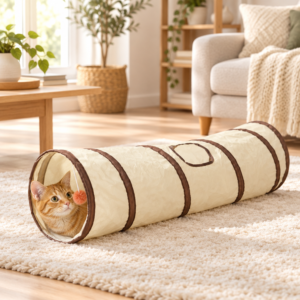 Orange tabby cat peeking out of a beige and coffee collapsible cat tunnel on a cream rug