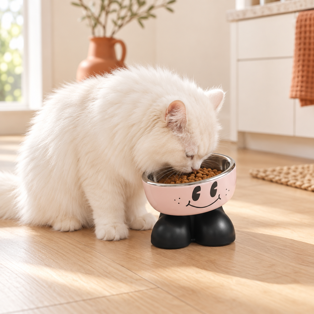 White fluffy cat eating from a pink smiley raised bowl with stainless steel insert