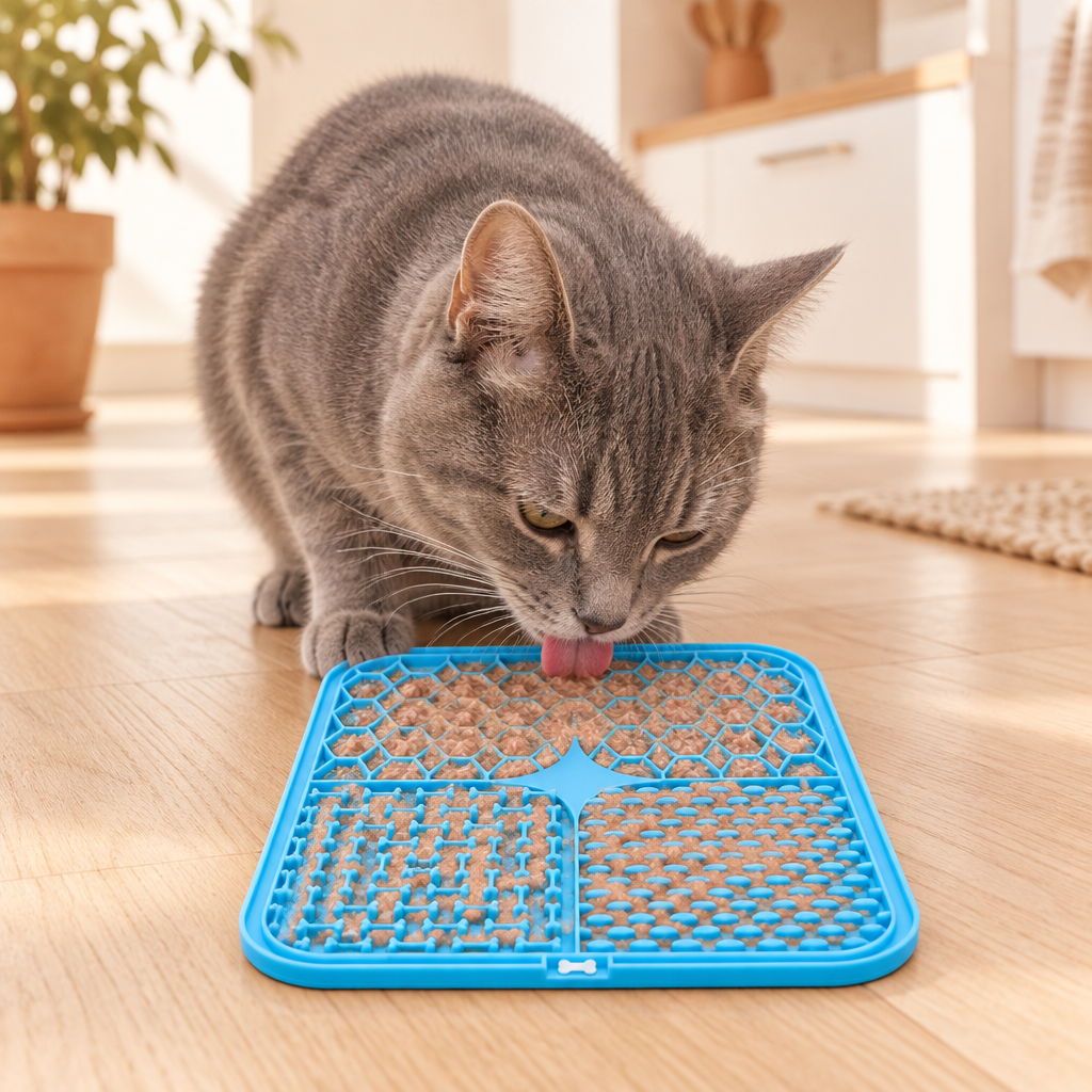 Grey cat licking a blue silicone lick mat with wet food on a kitchen floor