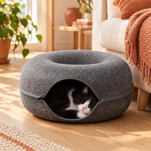Black and white cat sleeping inside a dark grey felt donut tunnel bed