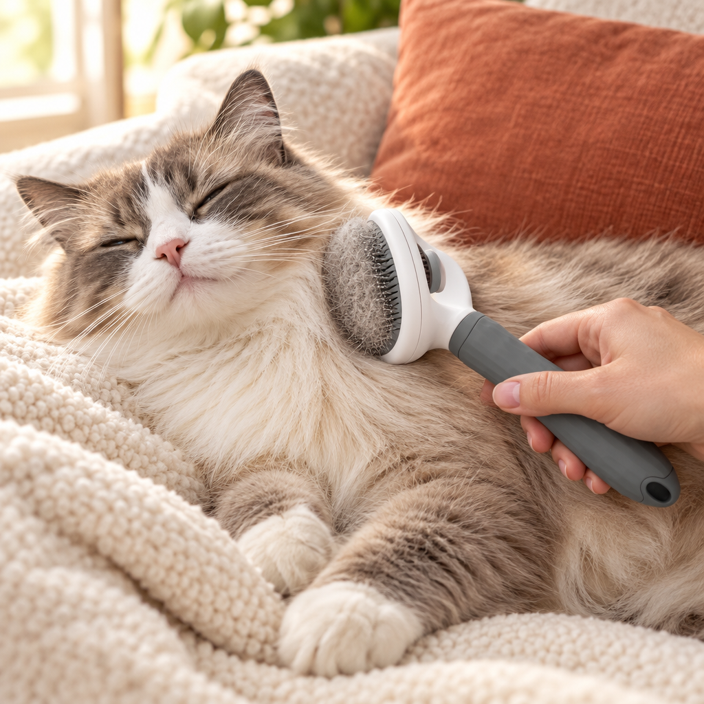 Relaxed long-haired cat being brushed with a grey and white self-cleaning slicker brush