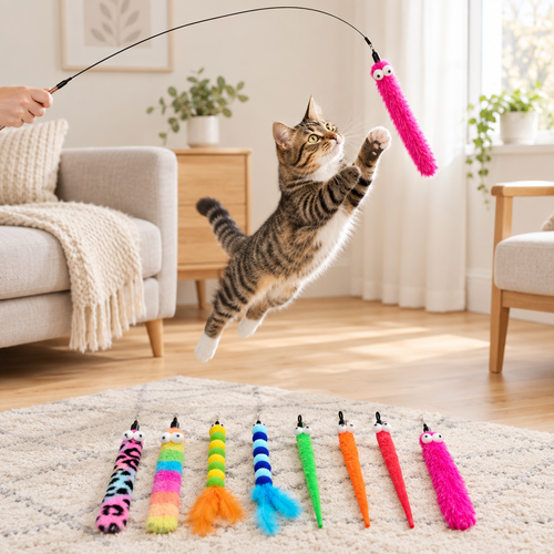 Tabby cat leaping for a pink fuzzy lure on a feather teaser wand, with spare lures laid on a rug