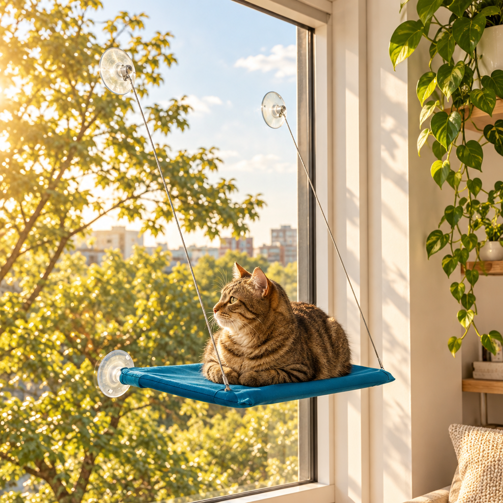 Tabby cat lying on a blue suction-cup window hammock in afternoon sunlight