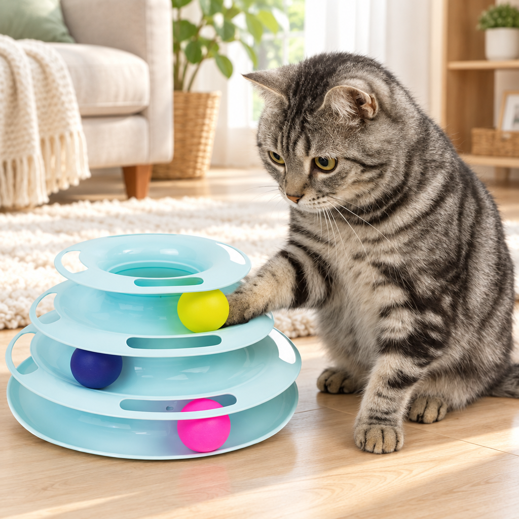 Grey tabby cat batting a ball on a light blue stacked ball-track toy