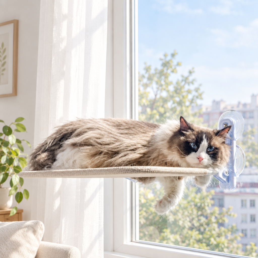 Ragdoll cat stretched out on a rigid foldable window perch mounted with suction cups